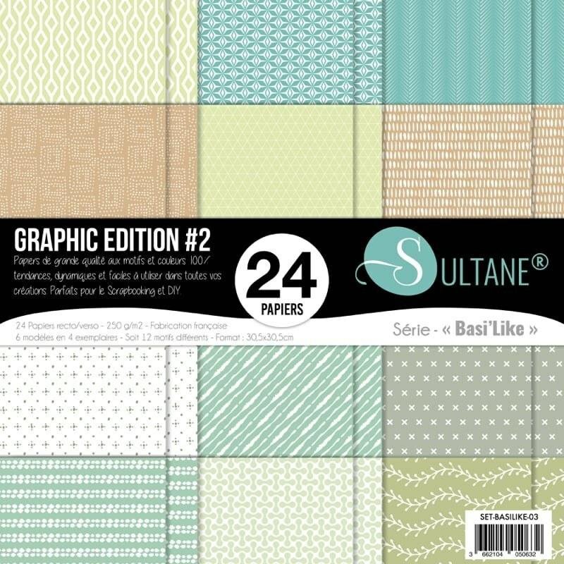 Set 12 papiers scrapbooking motifs graphiques - 250g/m2