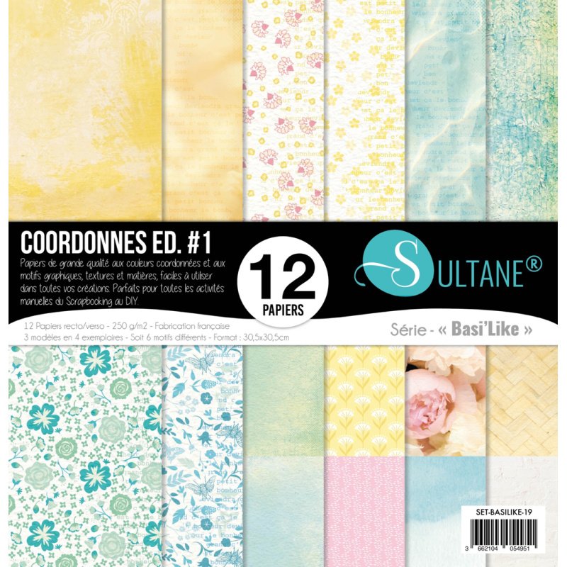 Set 12 papiers scrapbooking - Coordonnés printemps - 250g/m2