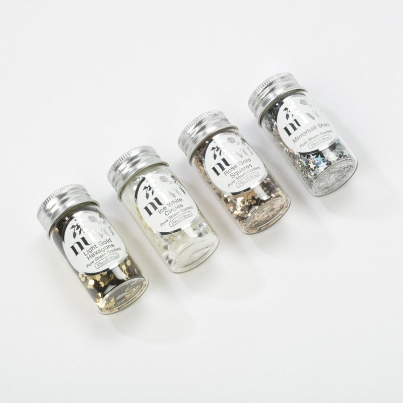 Confettis Or hexagones, Blanc glacier ronds, Or rose carrés, Etoiles miroirs